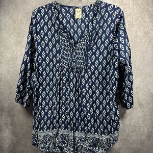 Faded Glory Women’s Blue White‎ Boho 3/4 Sleeve Blouse.